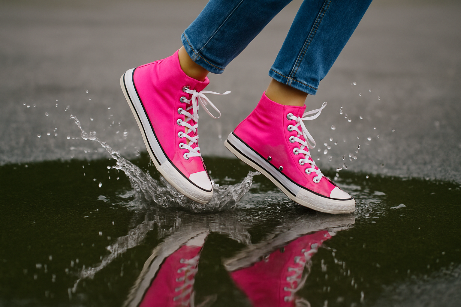 Playful hot pink sneakers, made of cotton canvas and vulcanized rubber, splashing through a puddle.