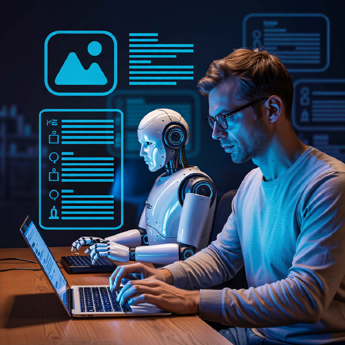 Man and robot typing on laptops side by side, with digital icons for images and text floating above them.