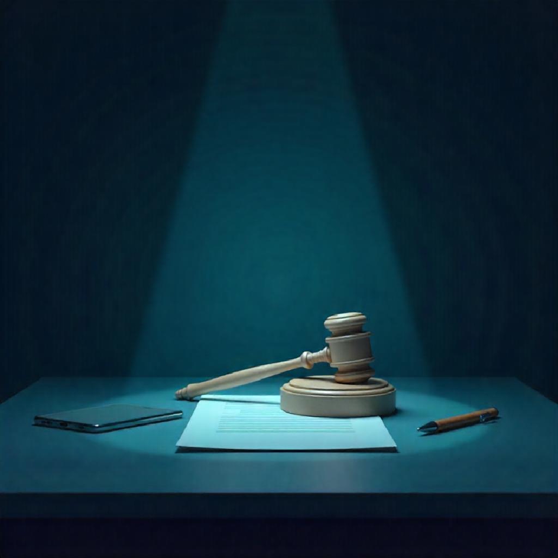 A judge’s gavel rests on a legal document under a spotlight, symbolizing the legal importance of accessibility compliance. A pen and a mobile sit nearby on the table.