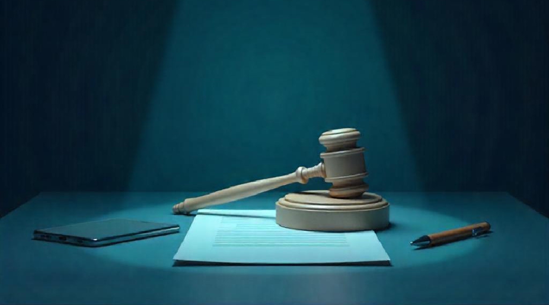 A judge’s gavel rests on a legal document under a spotlight, symbolizing the legal importance of accessibility compliance. A pen and a mobile sit nearby on the table.