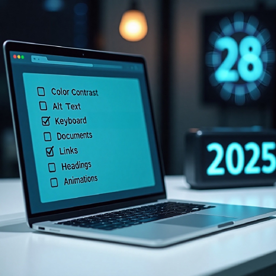Timer shows 28 and 2025 next to a mostly unchecked checklist for testing website accessibility: color contrast, alt text, keyboard, documents, links, headings, animations.