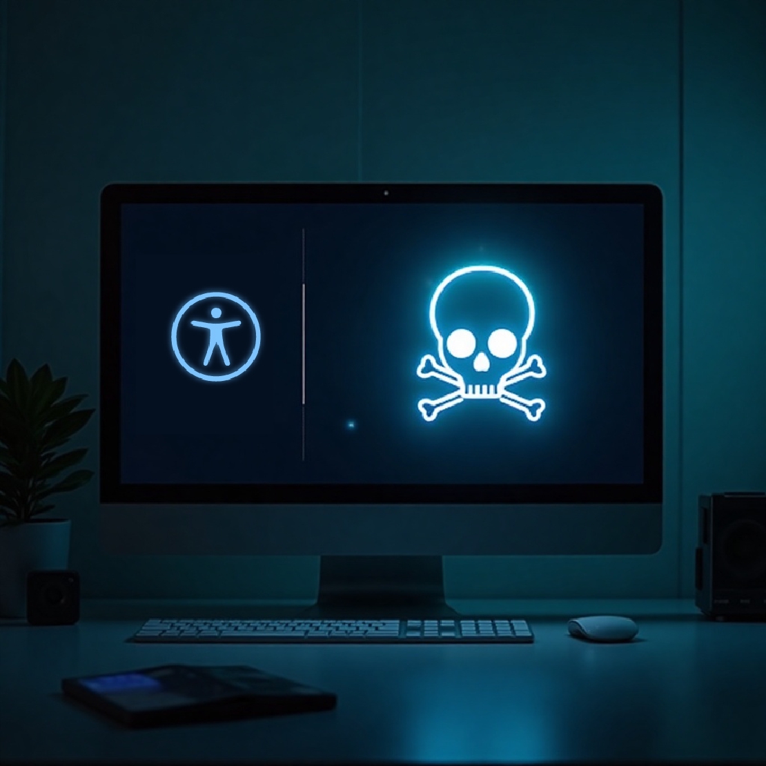 On the left side of the dark computer monitor there is the symbol for a web accessibility plugin. On the right there is a neon skull graphyc.