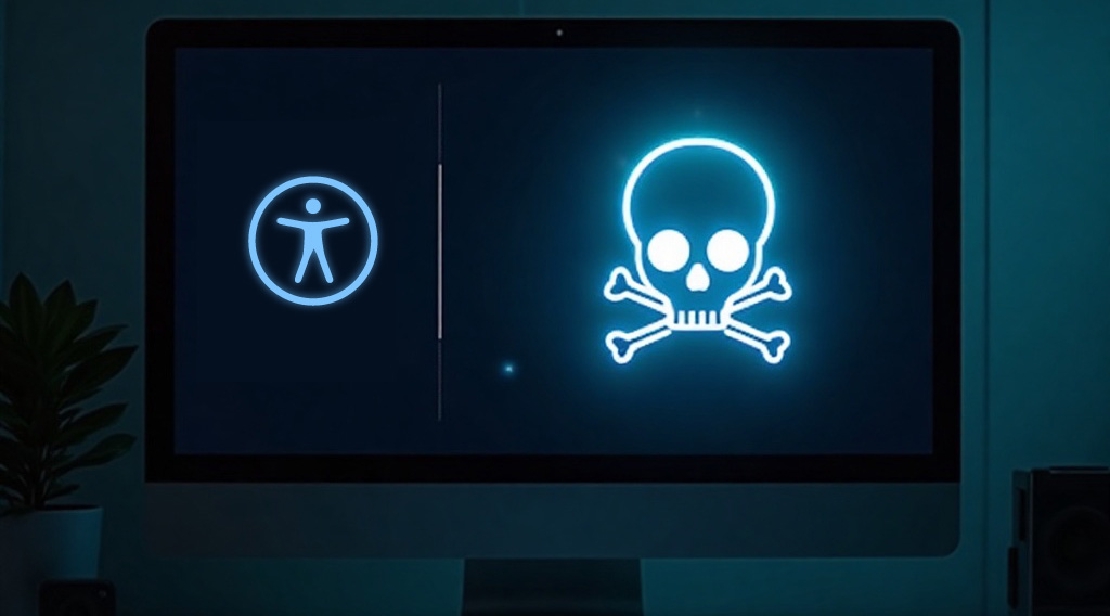 On the left side of the dark computer monitor there is the symbol for a web accessibility plugin. On the right there is a neon skull graphyc.
